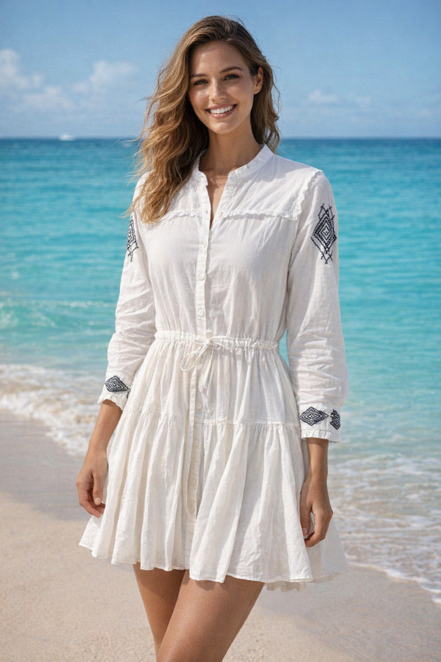 Zadig & Voltaire Ranil Embroidered White Cotton A-Line Boho Festival Dress SZ SM